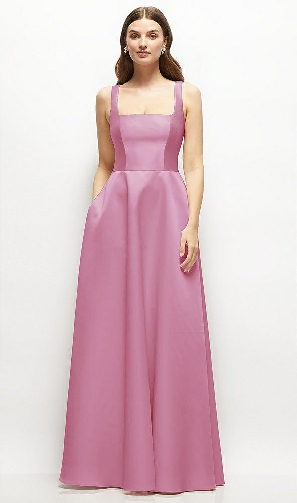 Front View - Powder Pink Square-Neck Satin Maxi Dress with Full Skirt