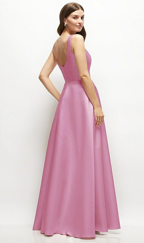 Back View - Powder Pink Square-Neck Satin Maxi Dress with Full Skirt