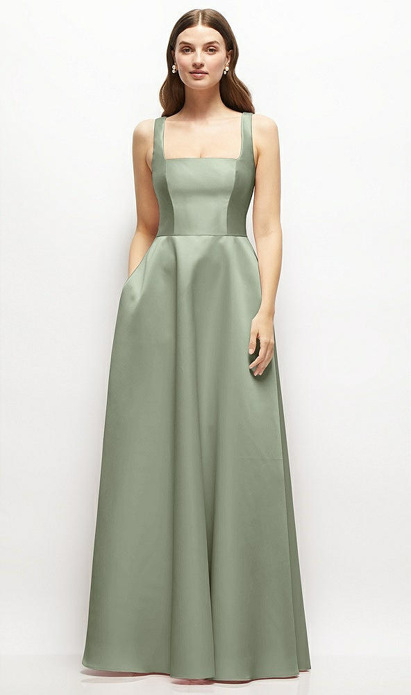 Front View - Sage Square-Neck Satin Maxi Dress with Full Skirt