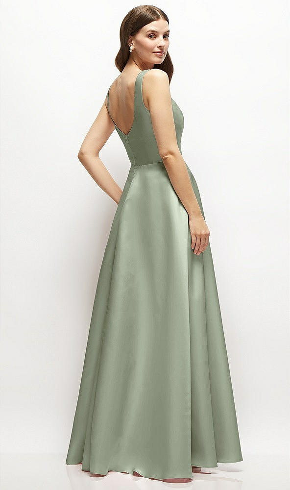 Back View - Sage Square-Neck Satin Maxi Dress with Full Skirt