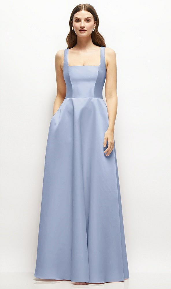 Front View - Sky Blue Square-Neck Satin Maxi Dress with Full Skirt