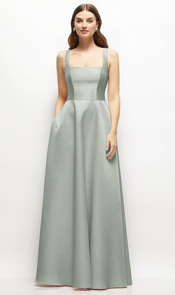 Front View - Willow Green Square-Neck Satin Maxi Dress with Full Skirt