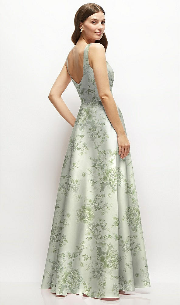 Back View - Sage Cottage Rose Floral Square-Neck Satin Maxi Dress with Full Skirt