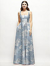 Front View Thumbnail - Porcelain Blue Seraphina Floral Floral Square-Neck Satin Maxi Dress with Full Skirt