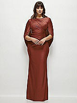 Front View Thumbnail - Auburn Moon Draped Stretch Satin Maxi Dress with Built-in Capelet