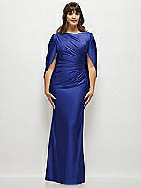 Alt View 1 Thumbnail - Cobalt Blue Draped Stretch Satin Maxi Dress with Built-in Capelet