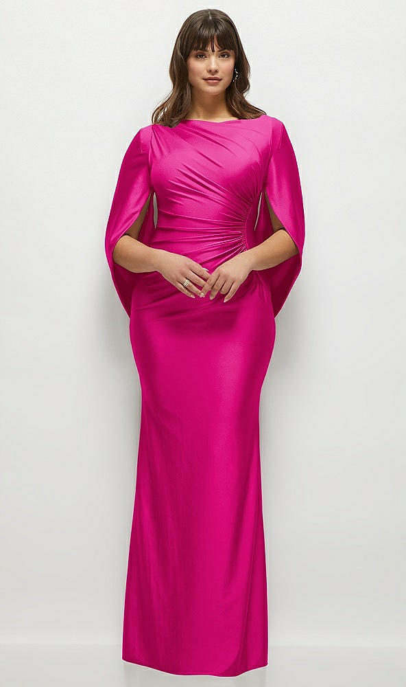 Front View - Think Pink Draped Stretch Satin Maxi Dress with Built-in Capelet