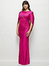 Side View Thumbnail - Think Pink Draped Stretch Satin Maxi Dress with Built-in Capelet