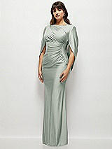 Side View Thumbnail - Willow Green Draped Stretch Satin Maxi Dress with Built-in Capelet