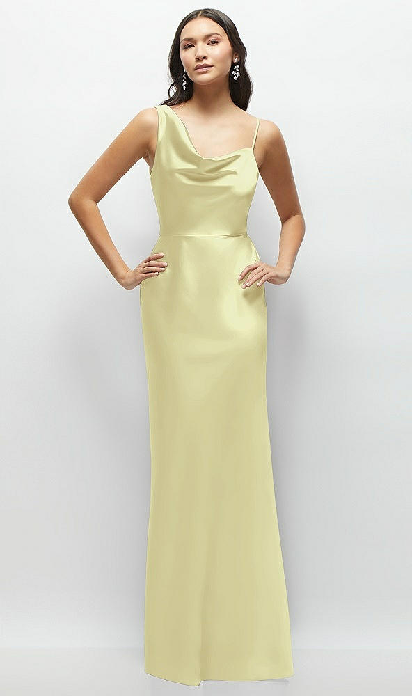 Front View - Butter Yellow One-Shoulder Draped Cowl A-Line Satin Maxi Dress