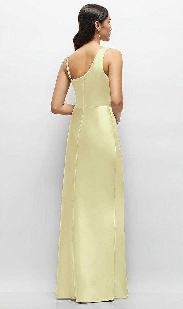 Back View - Butter Yellow One-Shoulder Draped Cowl A-Line Satin Maxi Dress