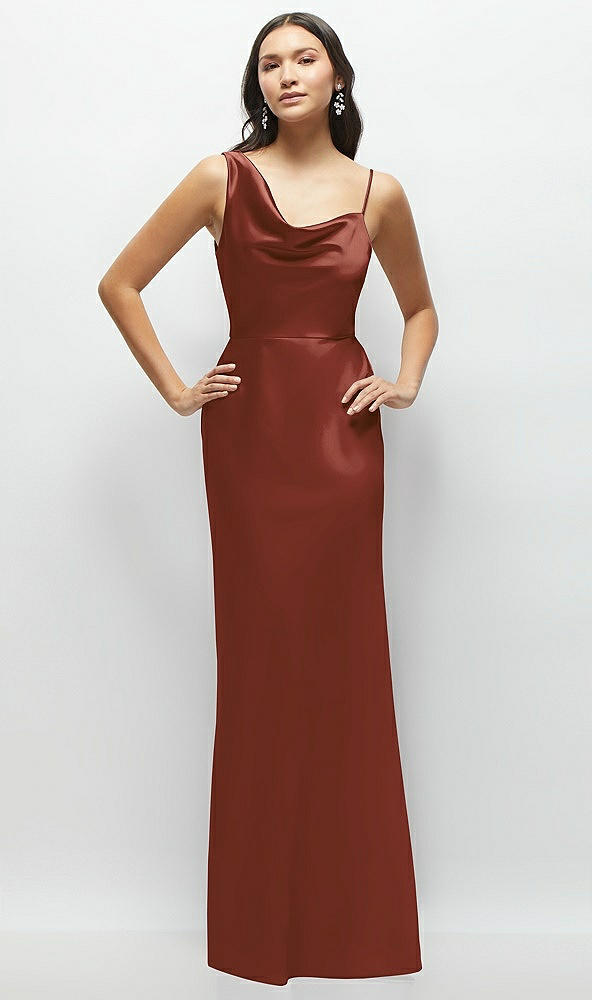 Front View - Auburn Moon One-Shoulder Draped Cowl A-Line Satin Maxi Dress