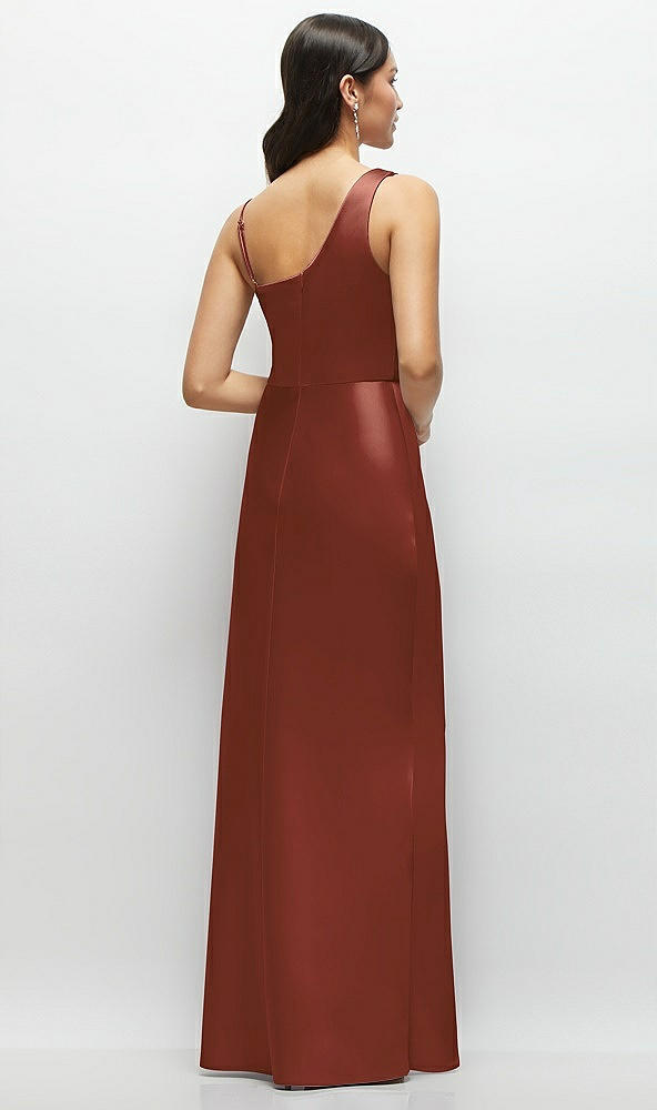 Back View - Auburn Moon One-Shoulder Draped Cowl A-Line Satin Maxi Dress