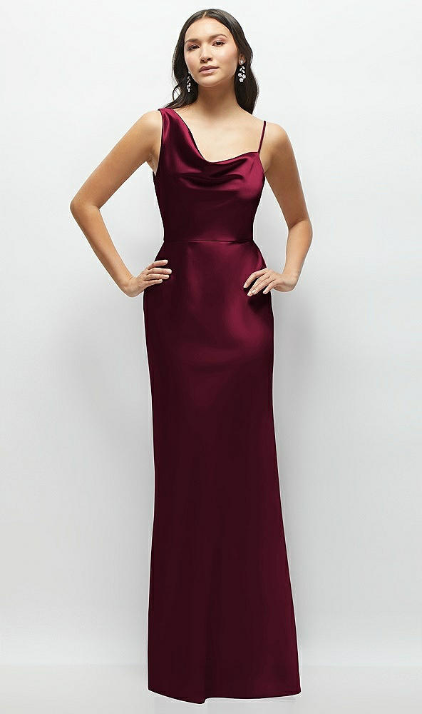 Front View - Cabernet One-Shoulder Draped Cowl A-Line Satin Maxi Dress