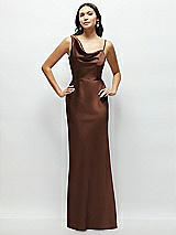 Front View Thumbnail - Cognac One-Shoulder Draped Cowl A-Line Satin Maxi Dress