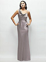 Front View Thumbnail - Cashmere Gray One-Shoulder Draped Cowl A-Line Satin Maxi Dress