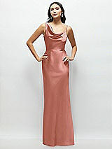 Front View Thumbnail - Desert Rose One-Shoulder Draped Cowl A-Line Satin Maxi Dress