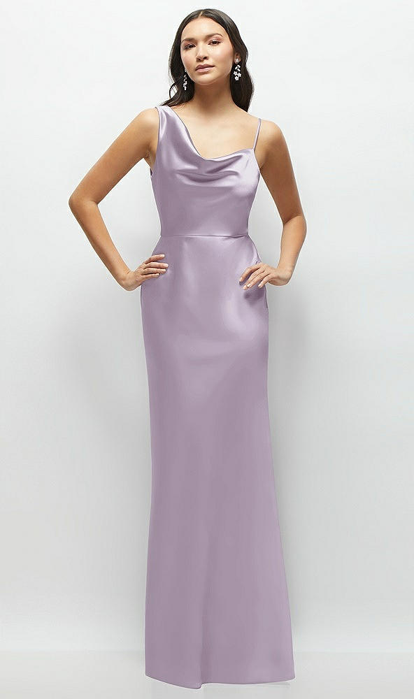 Front View - Lilac Haze One-Shoulder Draped Cowl A-Line Satin Maxi Dress