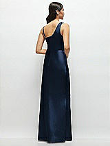 Rear View Thumbnail - Midnight Navy One-Shoulder Draped Cowl A-Line Satin Maxi Dress