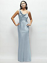 Front View Thumbnail - Mist One-Shoulder Draped Cowl A-Line Satin Maxi Dress