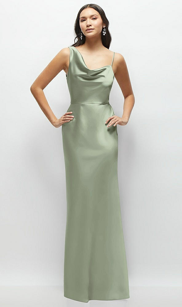 Front View - Sage One-Shoulder Draped Cowl A-Line Satin Maxi Dress