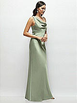 Side View Thumbnail - Sage One-Shoulder Draped Cowl A-Line Satin Maxi Dress