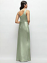 Rear View Thumbnail - Sage One-Shoulder Draped Cowl A-Line Satin Maxi Dress