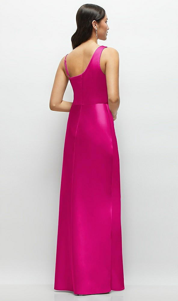 Back View - Think Pink One-Shoulder Draped Cowl A-Line Satin Maxi Dress