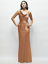 Front View Thumbnail - Toffee One-Shoulder Draped Cowl A-Line Satin Maxi Dress