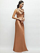 Side View Thumbnail - Toffee One-Shoulder Draped Cowl A-Line Satin Maxi Dress