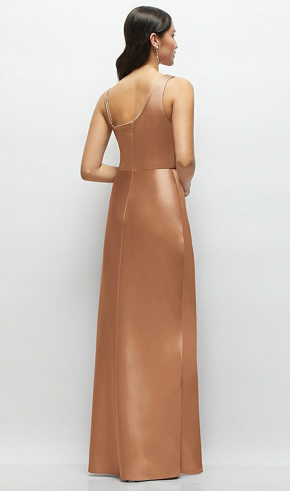 Back View - Toffee One-Shoulder Draped Cowl A-Line Satin Maxi Dress