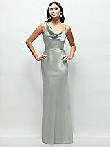 Front View Thumbnail - Willow Green One-Shoulder Draped Cowl A-Line Satin Maxi Dress