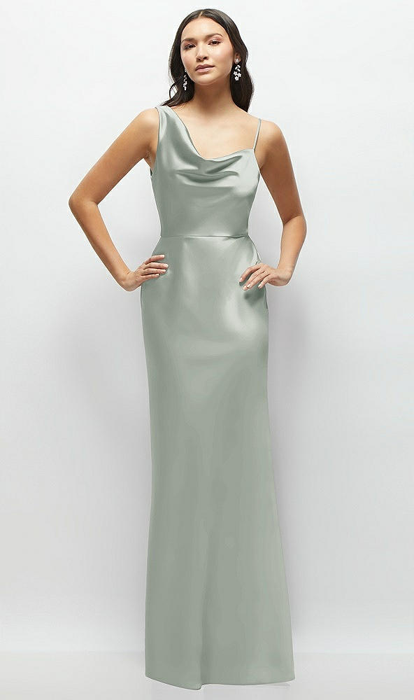 Front View - Willow Green One-Shoulder Draped Cowl A-Line Satin Maxi Dress