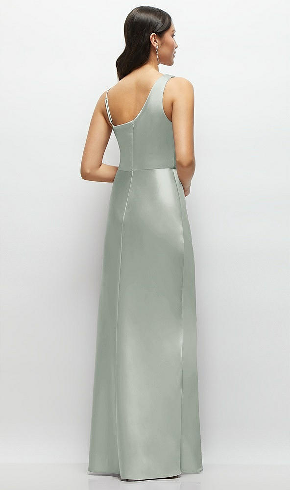 Back View - Willow Green One-Shoulder Draped Cowl A-Line Satin Maxi Dress