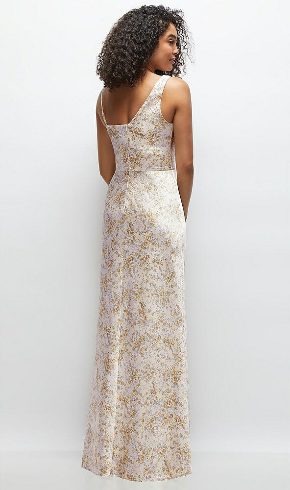 Back View - Golden Hour One-Shoulder Draped Cowl A-Line Floral Satin Maxi Dress