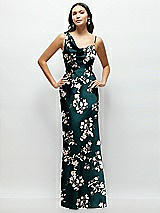 Front View Thumbnail - Vintage Primrose Evergreen One-Shoulder Draped Cowl A-Line Floral Satin Maxi Dress