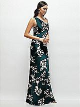 Side View Thumbnail - Vintage Primrose Evergreen One-Shoulder Draped Cowl A-Line Floral Satin Maxi Dress