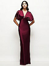 Front View Thumbnail - Cabernet Plunge Neck Kimono Sleeve Satin Bias Maxi Dress