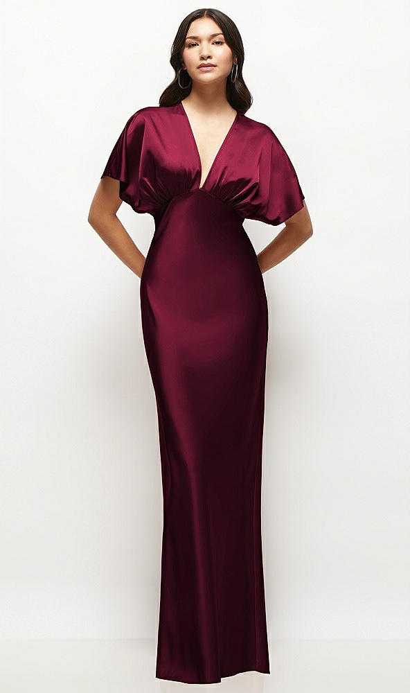 Front View - Cabernet Plunge Neck Kimono Sleeve Satin Bias Maxi Dress