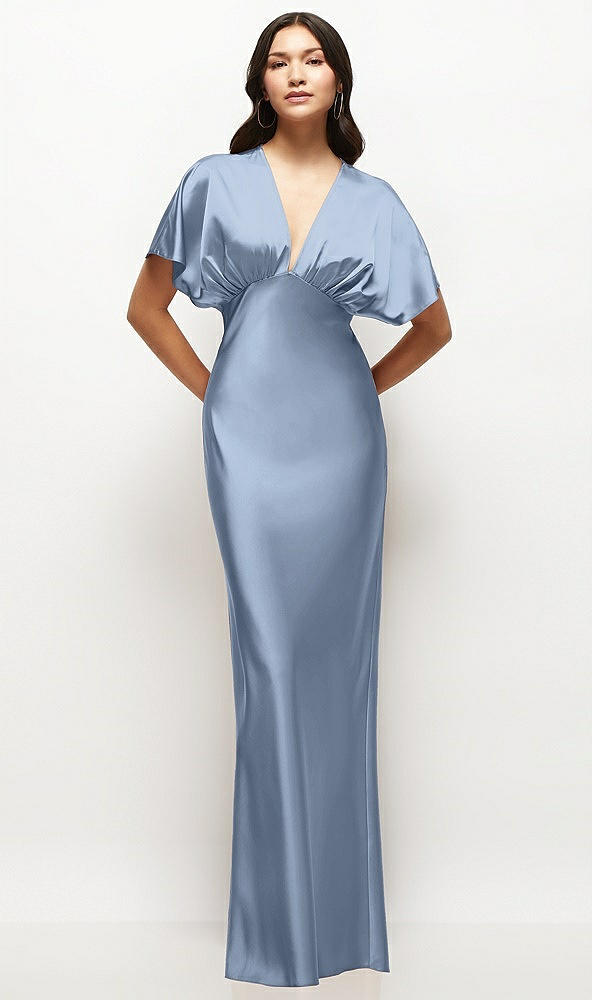 Front View - Cloudy Plunge Neck Kimono Sleeve Satin Bias Maxi Dress