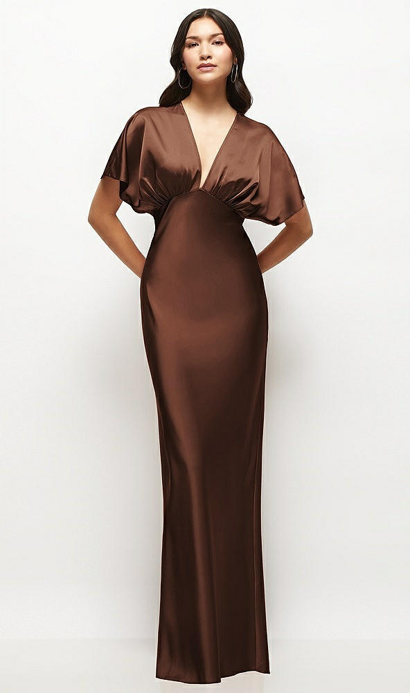 Front View - Cognac Plunge Neck Kimono Sleeve Satin Bias Maxi Dress