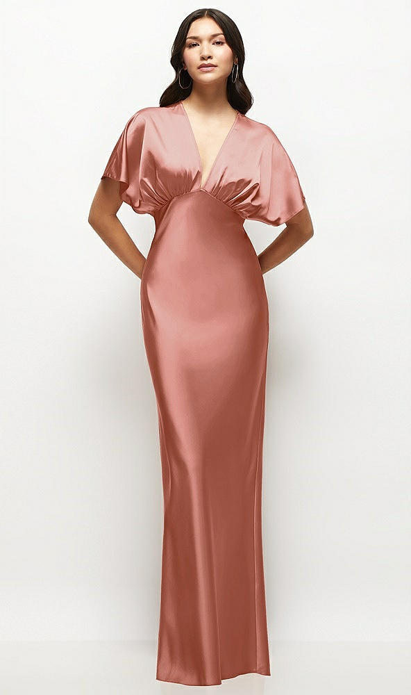 Front View - Desert Rose Plunge Neck Kimono Sleeve Satin Bias Maxi Dress