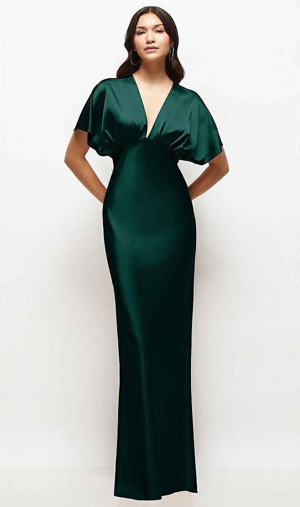 Front View - Evergreen Plunge Neck Kimono Sleeve Satin Bias Maxi Dress