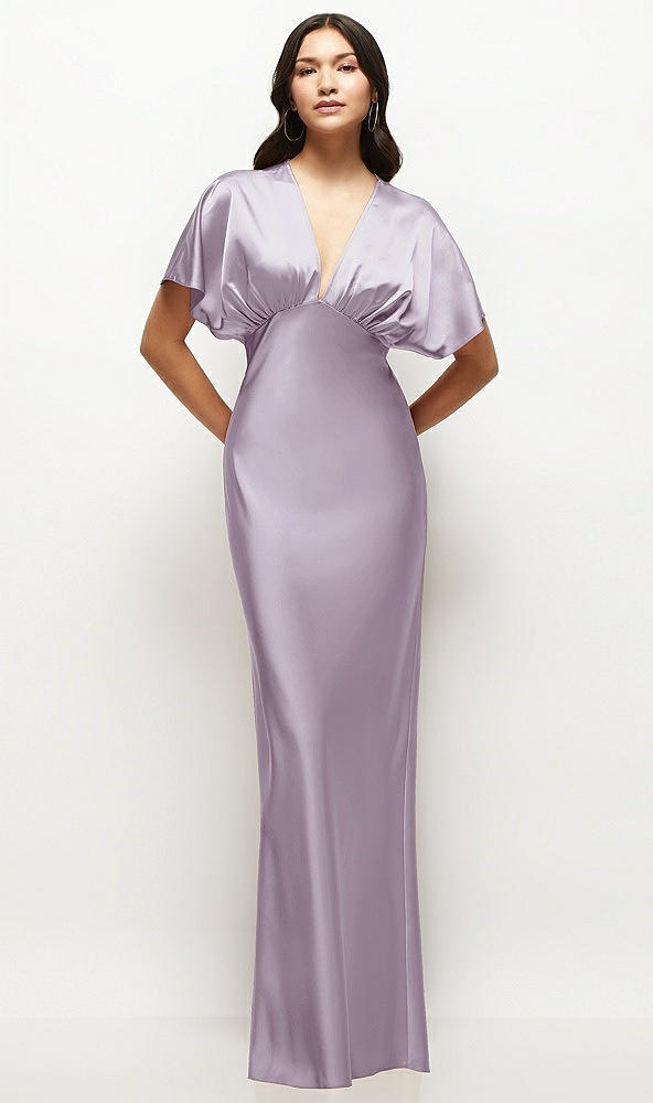 Front View - Lilac Haze Plunge Neck Kimono Sleeve Satin Bias Maxi Dress