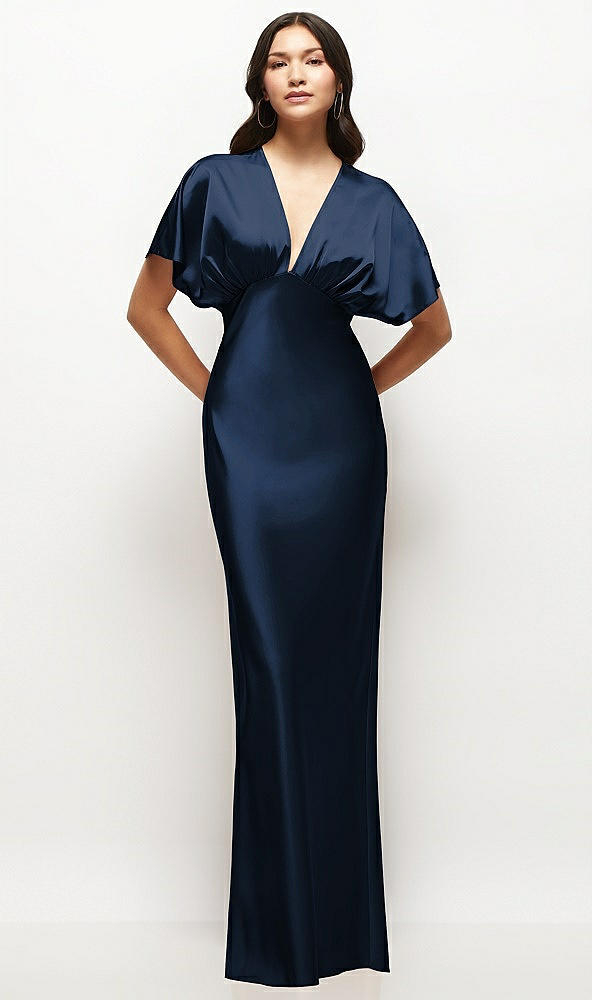 Front View - Midnight Navy Plunge Neck Kimono Sleeve Satin Bias Maxi Dress