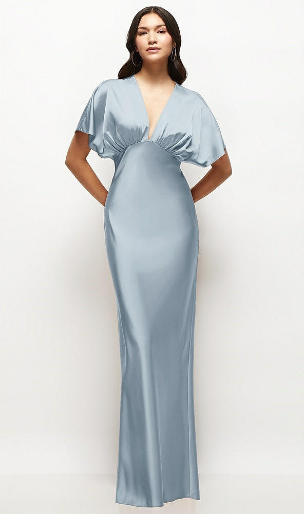 Front View - Mist Plunge Neck Kimono Sleeve Satin Bias Maxi Dress