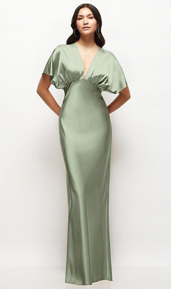 Front View - Sage Plunge Neck Kimono Sleeve Satin Bias Maxi Dress