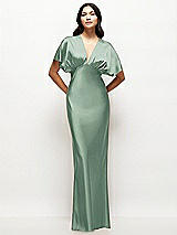 Front View Thumbnail - Seagrass Plunge Neck Kimono Sleeve Satin Bias Maxi Dress