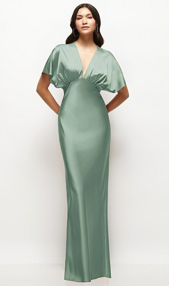 Front View - Seagrass Plunge Neck Kimono Sleeve Satin Bias Maxi Dress