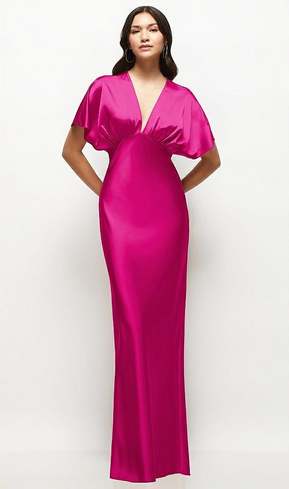 Front View - Think Pink Plunge Neck Kimono Sleeve Satin Bias Maxi Dress